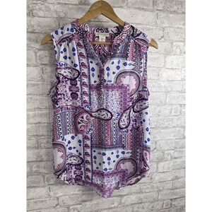 CYNTHIA ROWLEY‎ Mixed Media Print Top Sleeveless Popover Pink Purple Size Medium